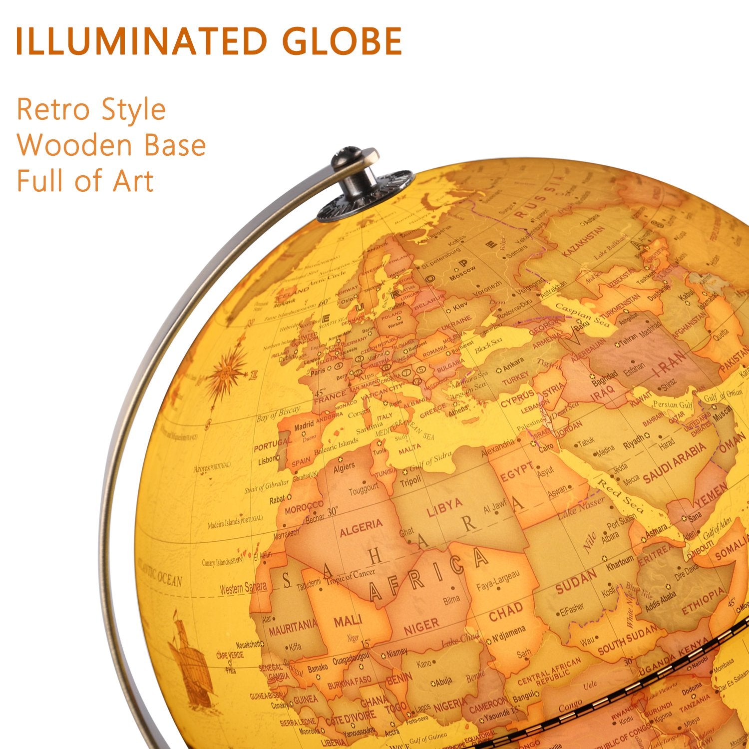 TTKTK antique-style globe showing continents and capitals for classroom or home study.