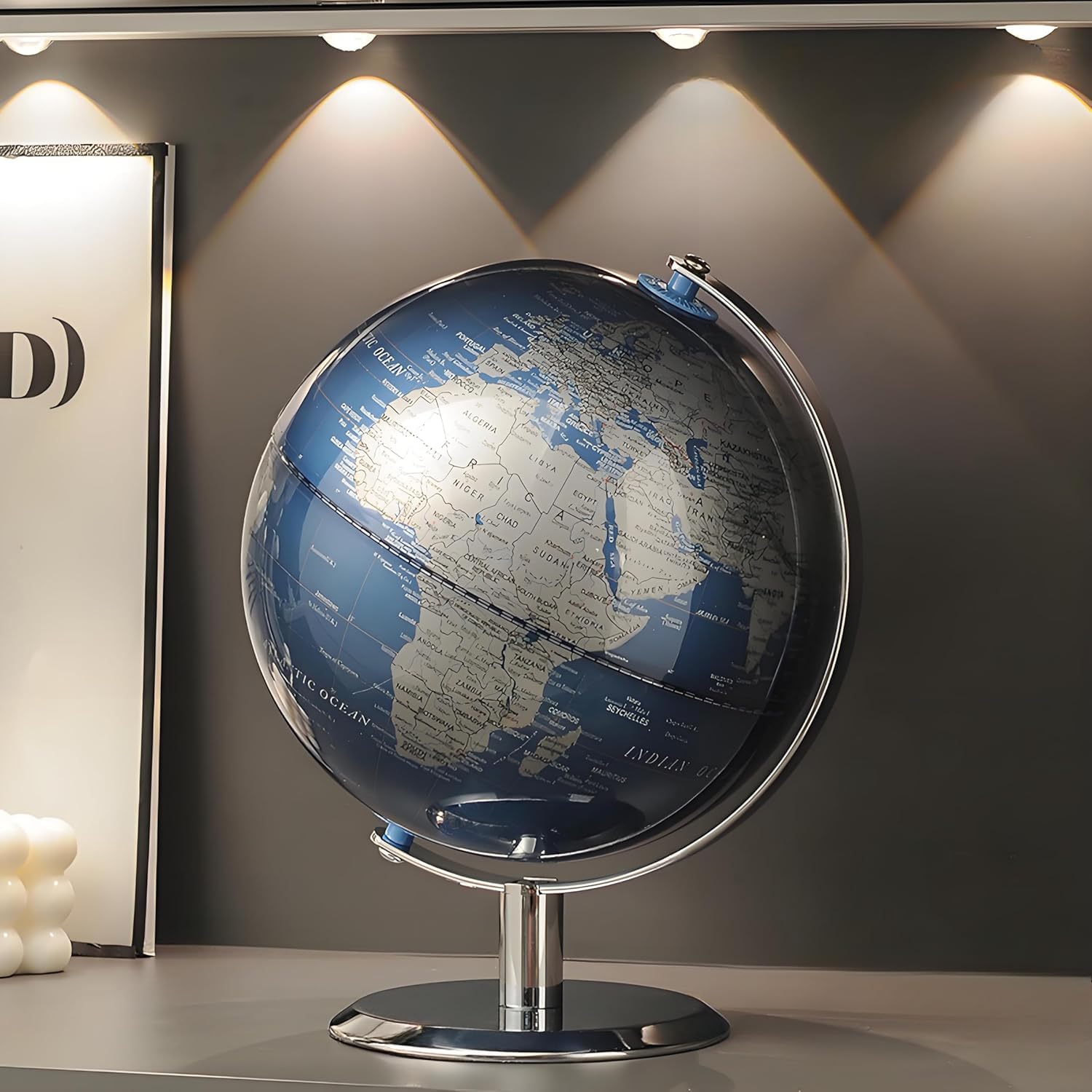 TTKTK World Globe with stainless steel stand on a desk, ideal for study and decor