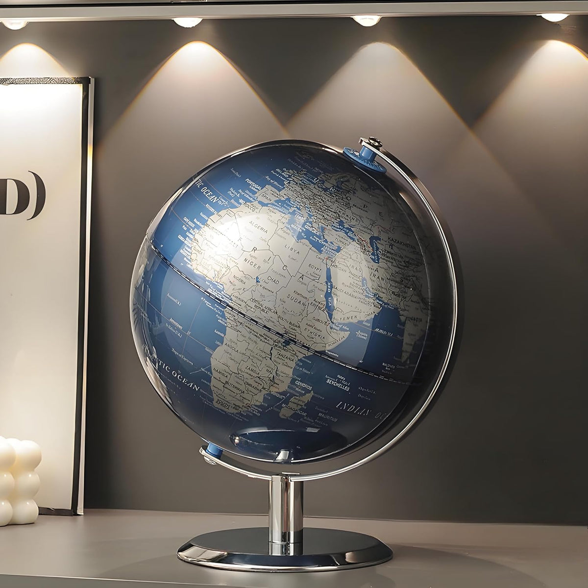 TTKTK World Globe with stainless steel stand on a desk, ideal for study and decor