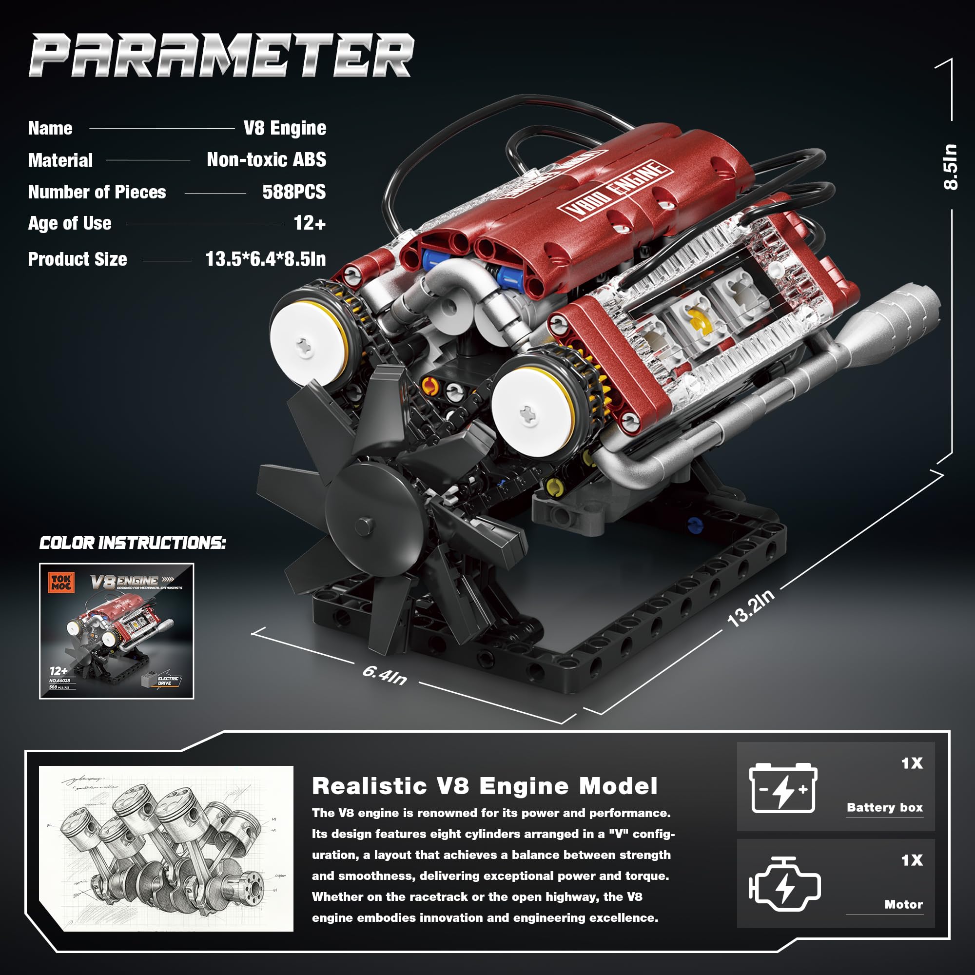 Tuajixz V8 engine model kit with motor demonstrates active engine motion for demos.