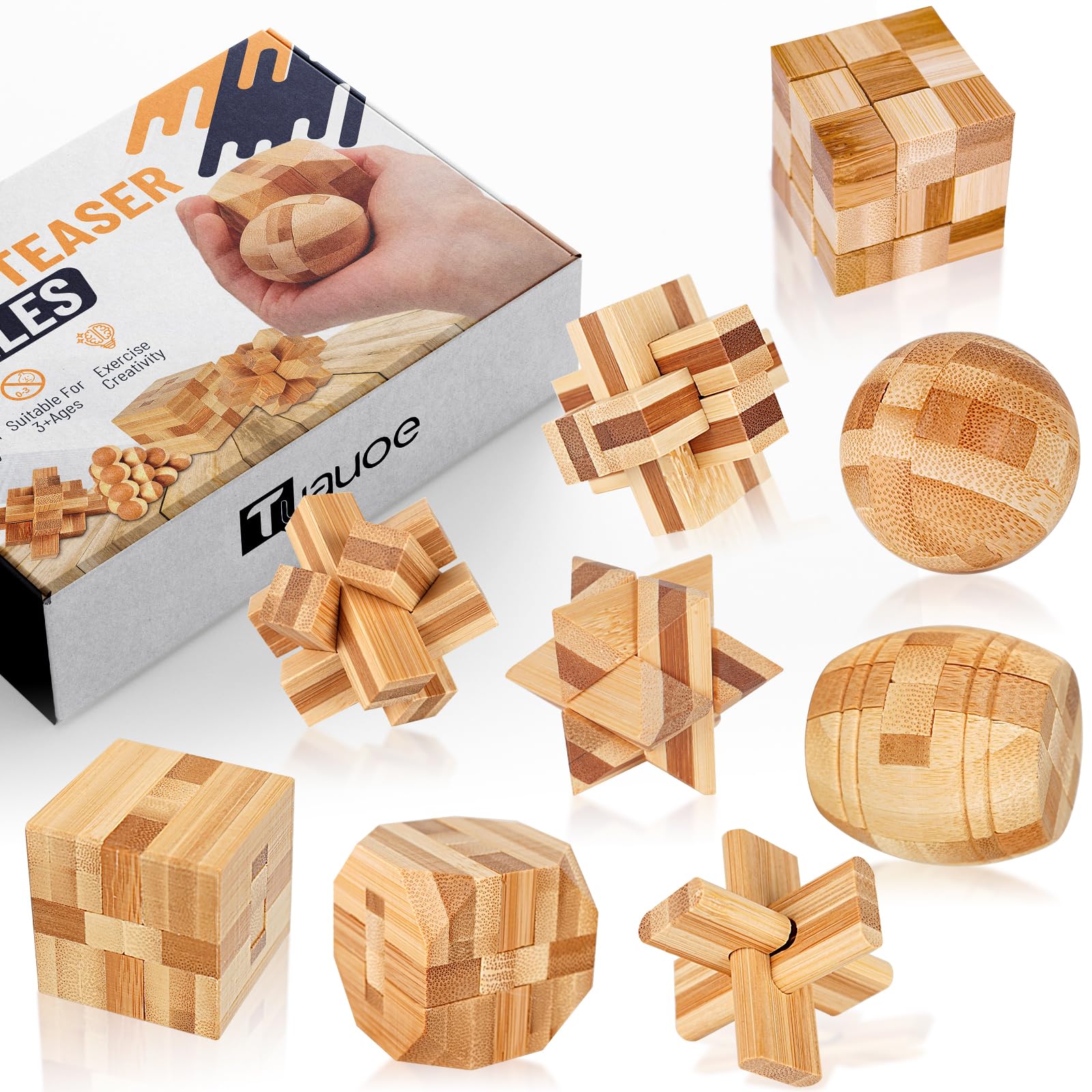 Tuauoe wooden brain teaser puzzle set showcases intricate designs for mind training.