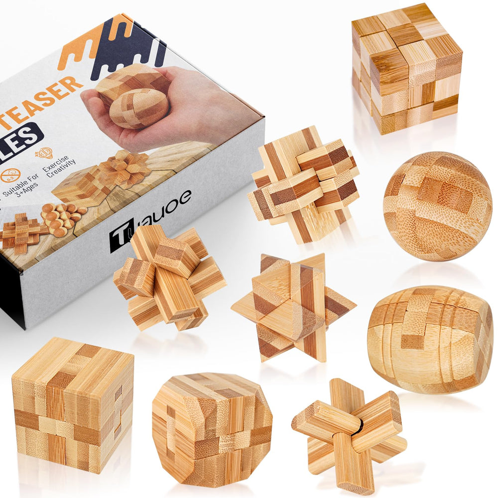 Tuauoe wooden brain teaser puzzle set showcases intricate designs for mind training.