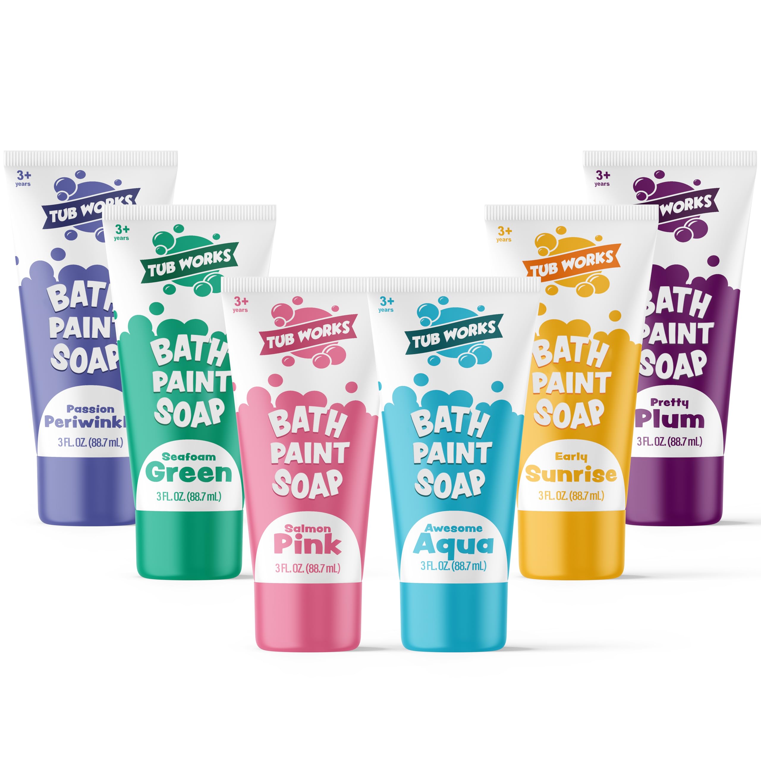 Tub Works Bath Paint Soap in Aqua paints a playful tub-wall scene, encouraging color exploration.