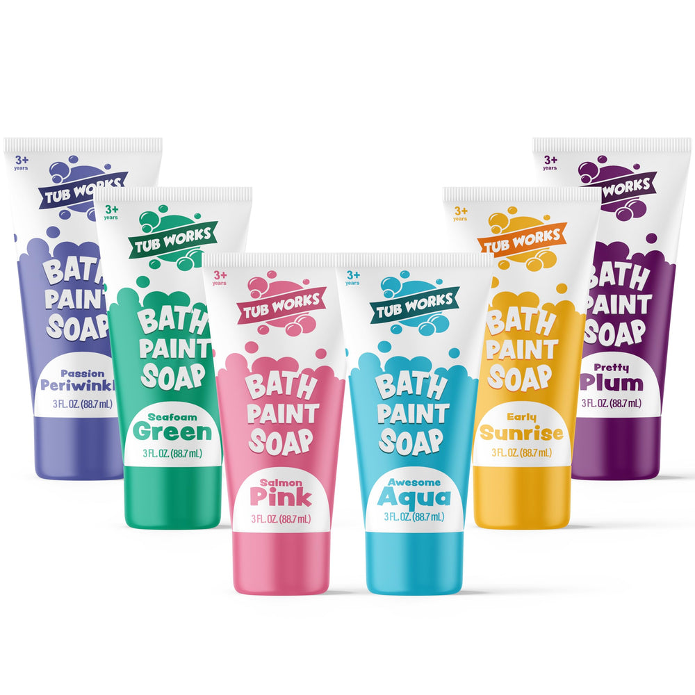 Tub Works Bath Paint Soap in Aqua paints a playful tub-wall scene, encouraging color exploration.