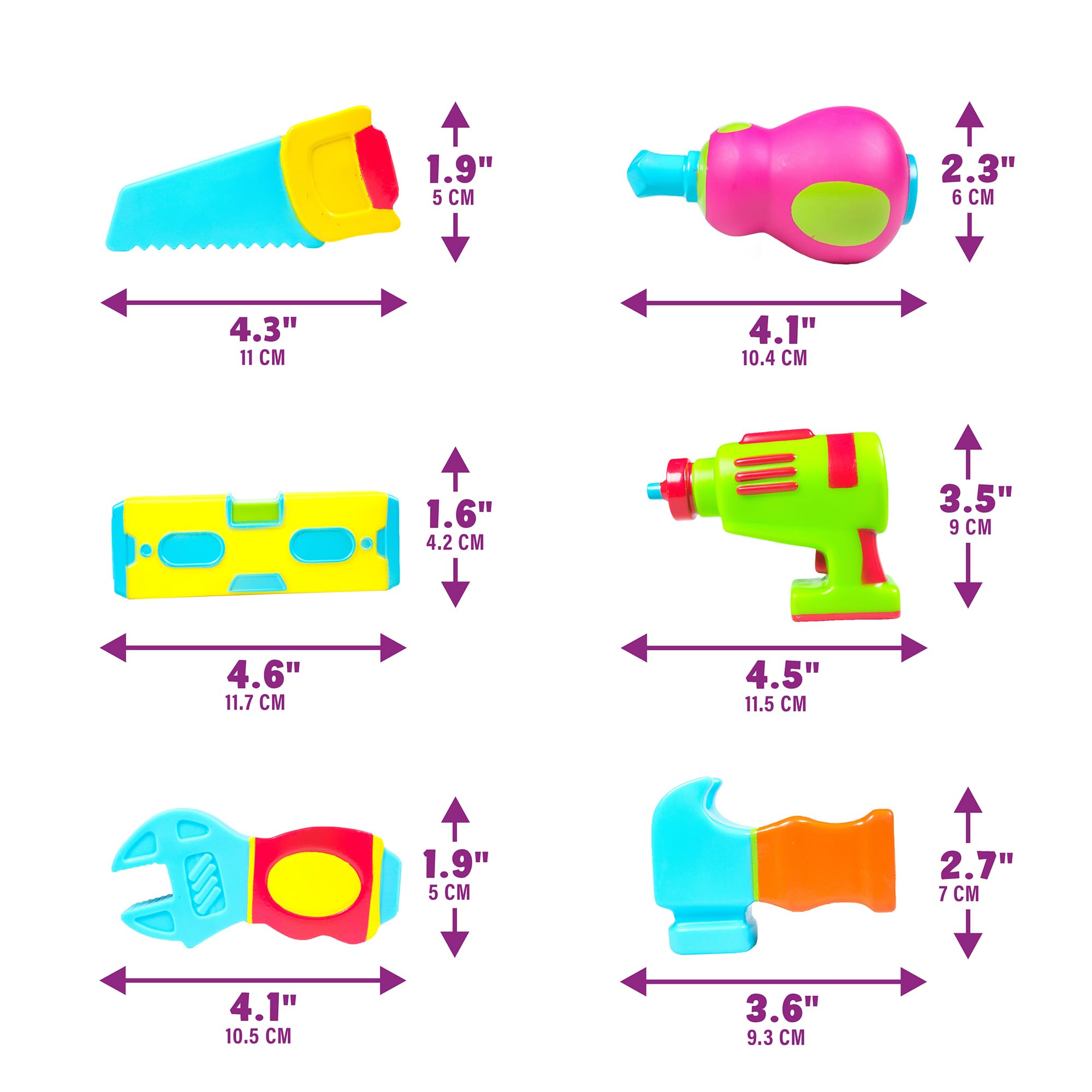 Tub Works Tools soft squeezable bath toy is gentle on little hands.