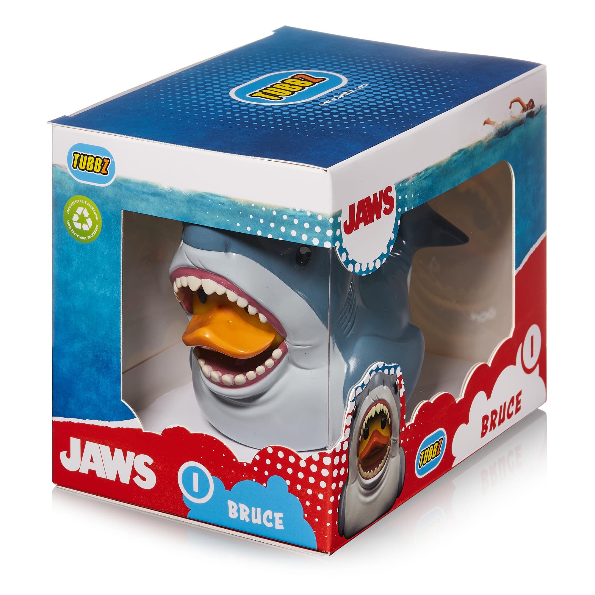 TUBBZ Bruce the Shark in the display box with Jaws graphics, ideal as a centerpiece.