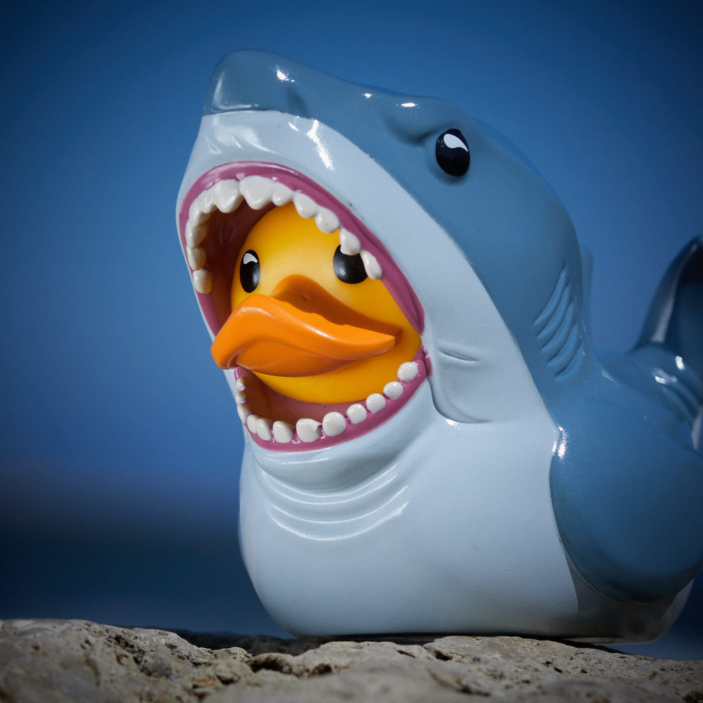 Bruce the Shark on a shelf with a smooth vinyl finish.
