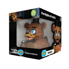 TUBBZ Freddy Fazbear duck figure on display shelf, ideal for FNAF collectors.