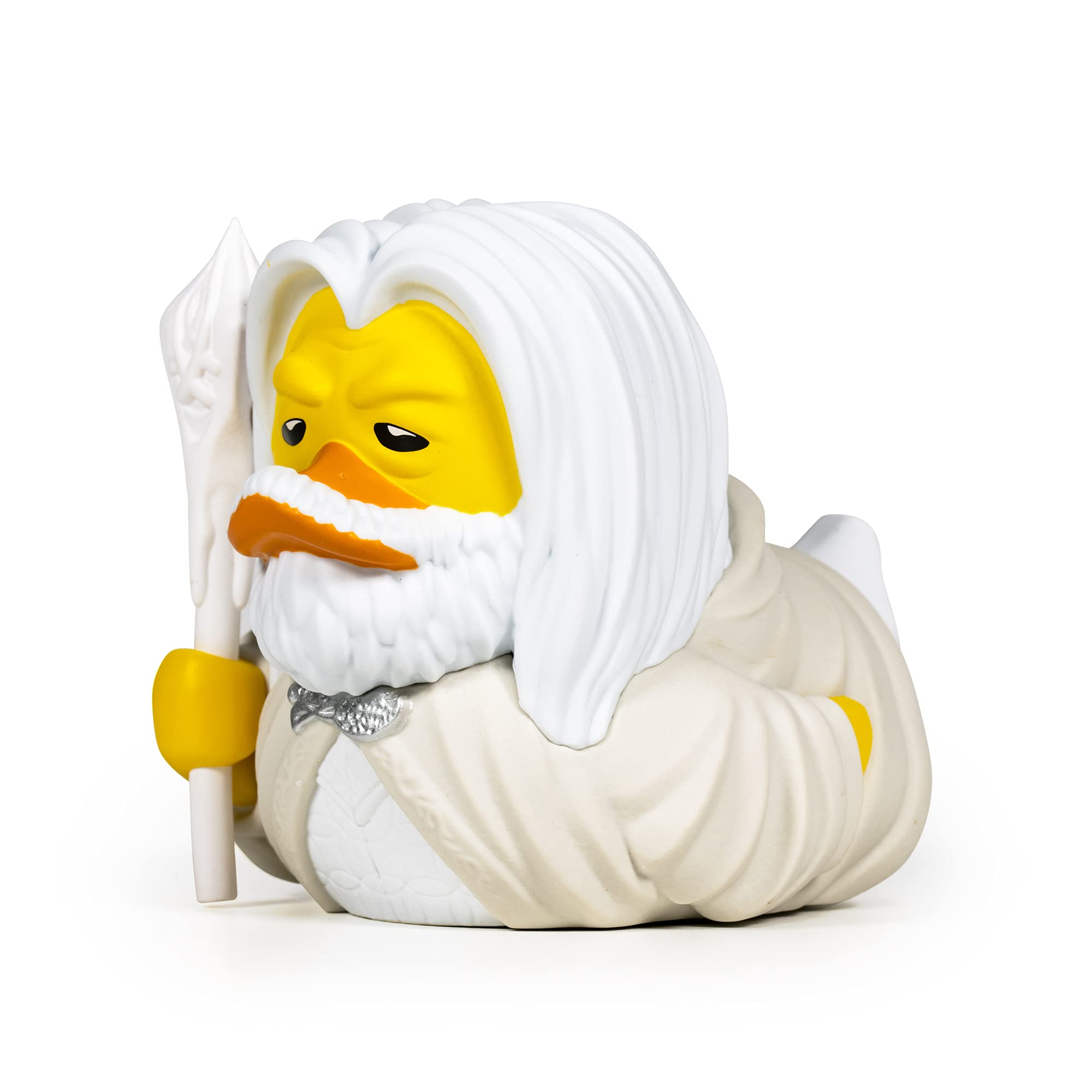 TUBBZ Gandalf the White cosplaying duck displayed on a shelf for easy display.