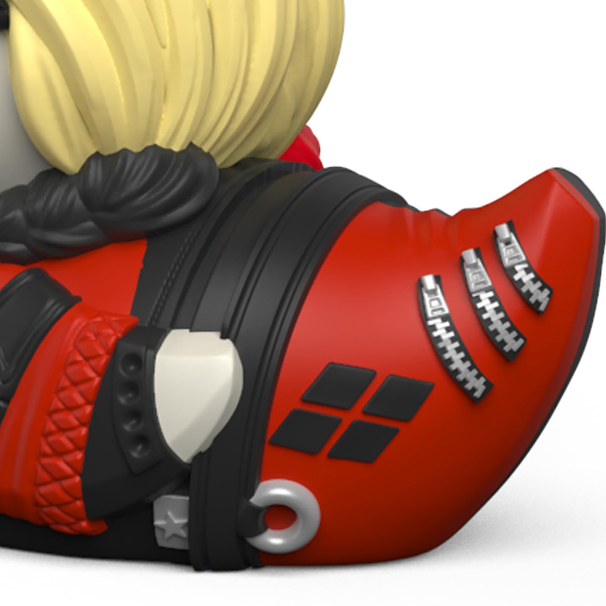 TUBBZ Harley Quinn display-ready duck on a shelf for easy viewing.