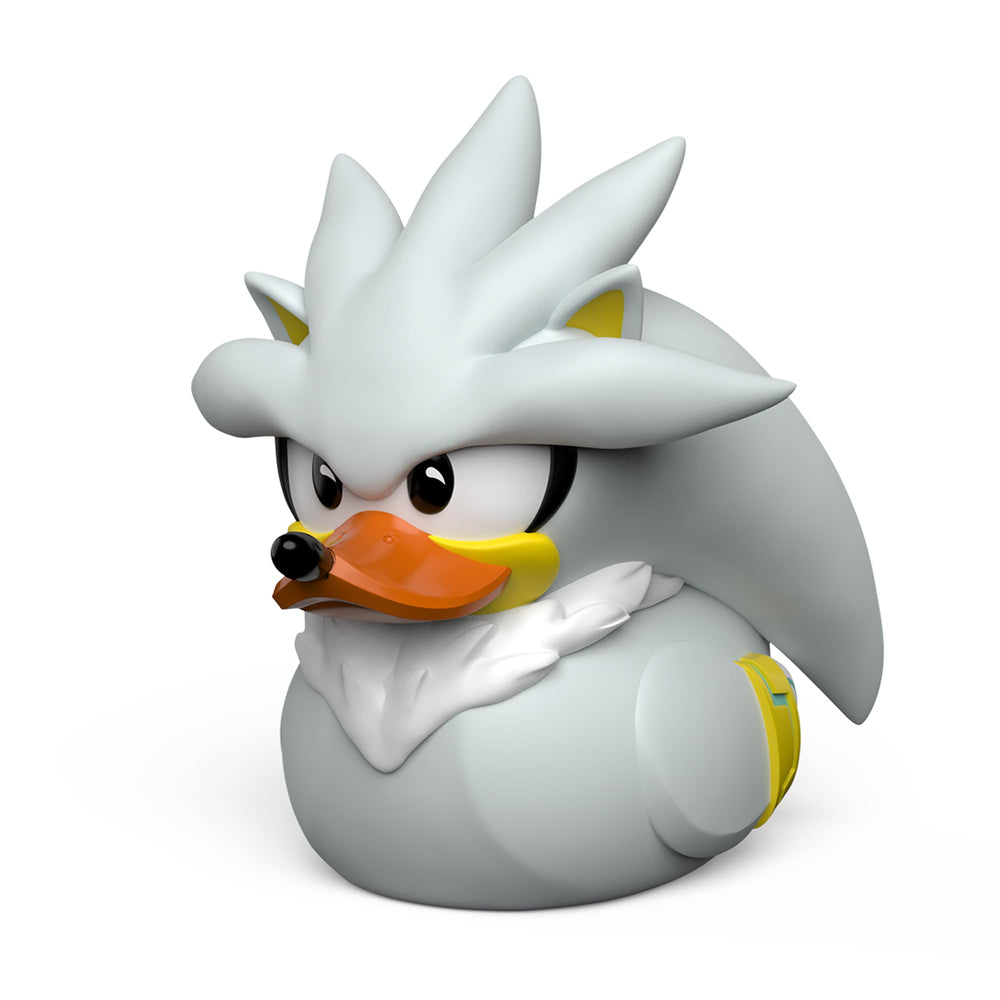 TUBBZ First Edition Silver Hedgehog duck figure on display case.