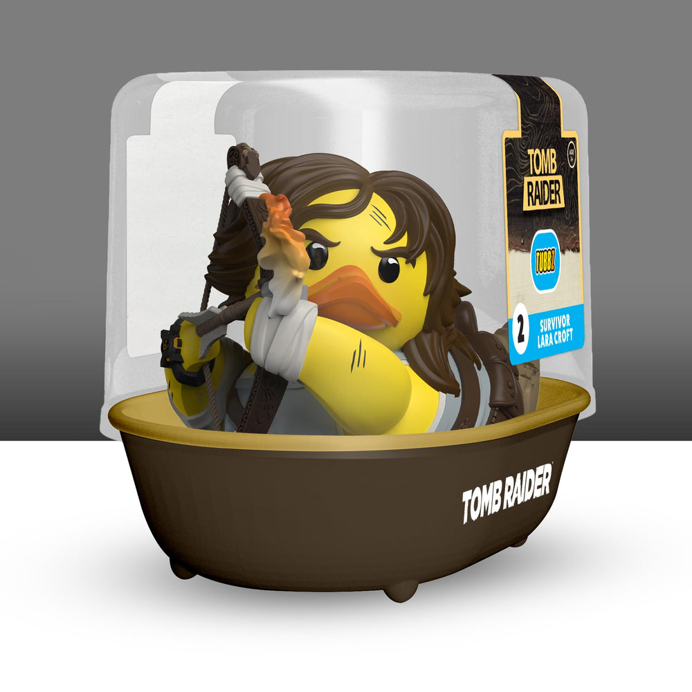 Display-ready TUBBZ Lara Croft duck in a tomb-raider display case.