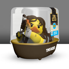 Display-ready TUBBZ Lara Croft duck in a tomb-raider display case.