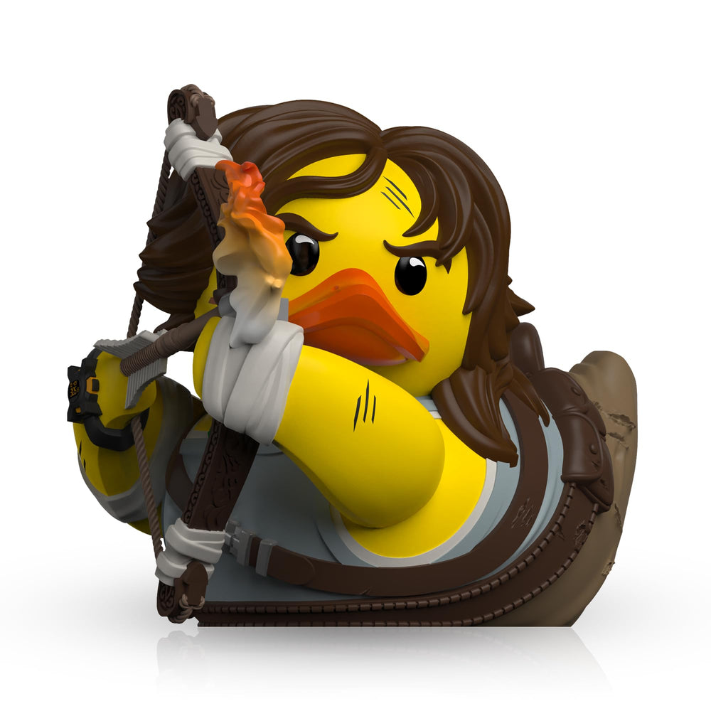 TUBBZ Lara Croft duck figure on a shelf for display and conversation.