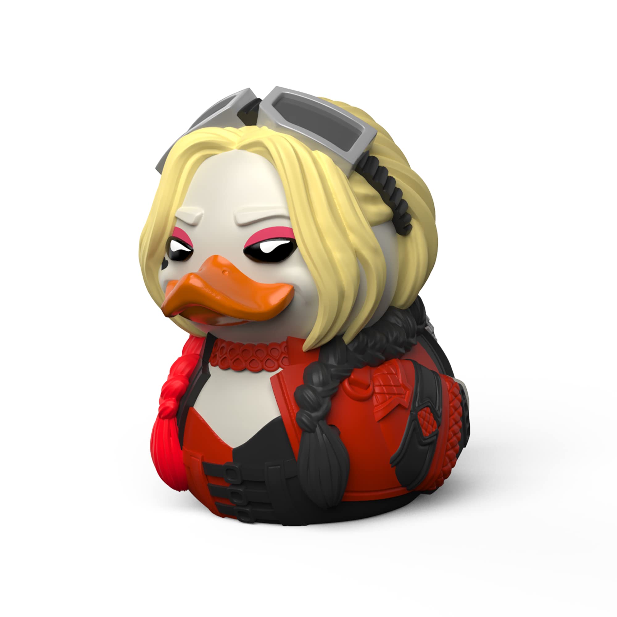 TUBBZ Harley Quinn cosplaying duck figure ready for display.