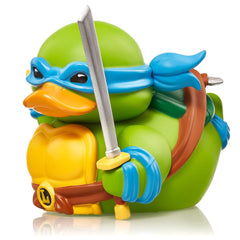 TUBBZ Leonardo First Edition duck figure in blue TMNT cosplay for display.