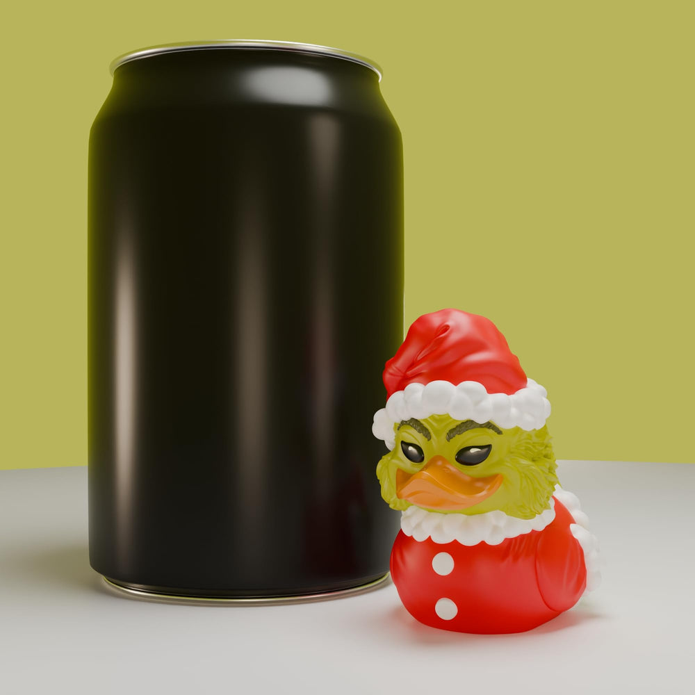 TUBBZ Grinch cosplay duck collectible set, shelf-worthy holiday display.