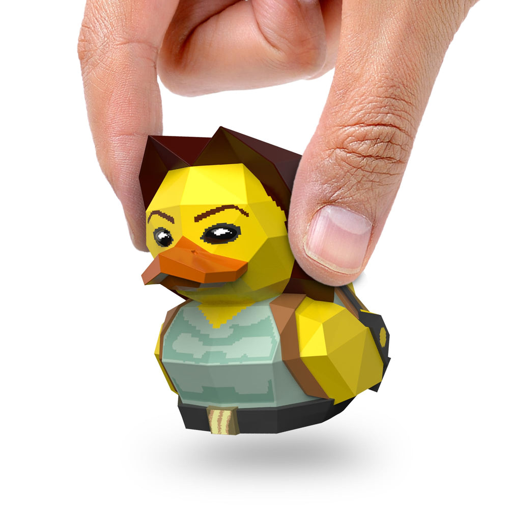 TUBBZ Mini Lara Croft cosplaying duck on desk display for pop culture shelves.