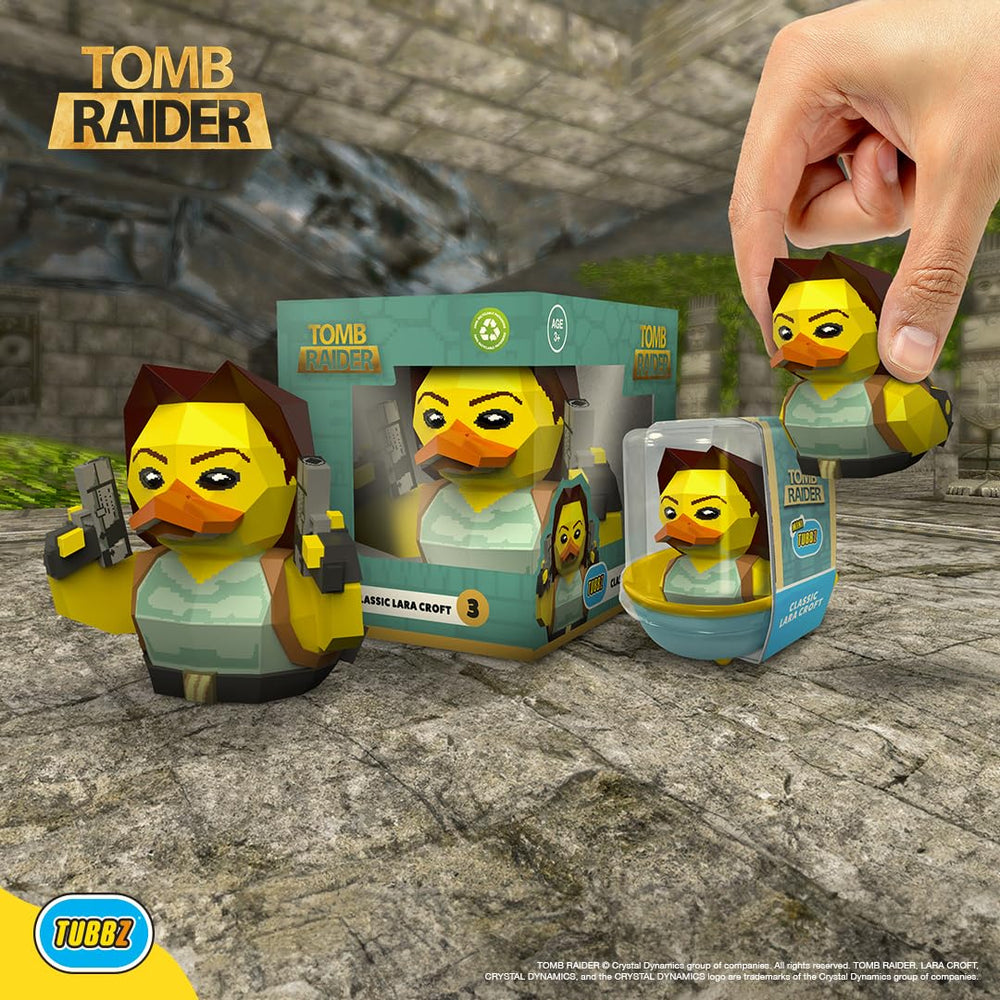TUBBZ Lara Croft duck poses for compact display and gifts.