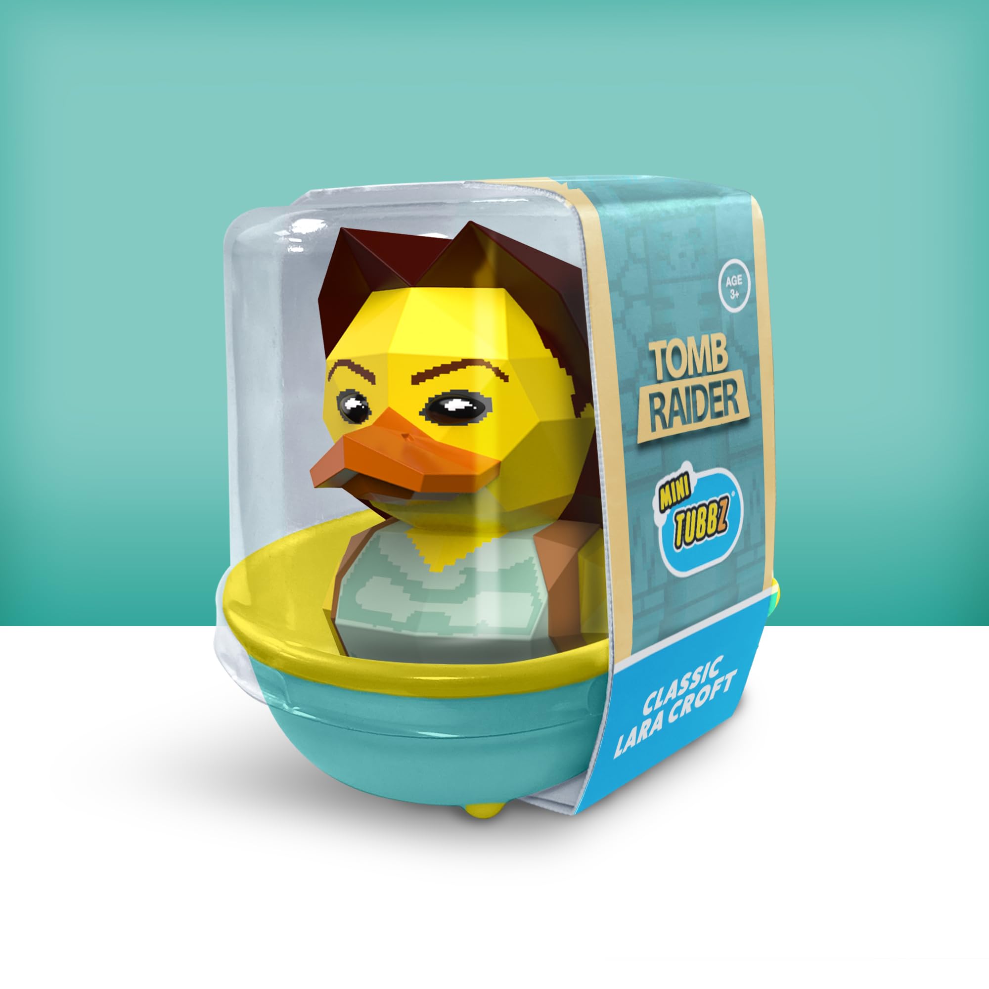 TUBBZ Tomb Raider duck front view on a shelf.