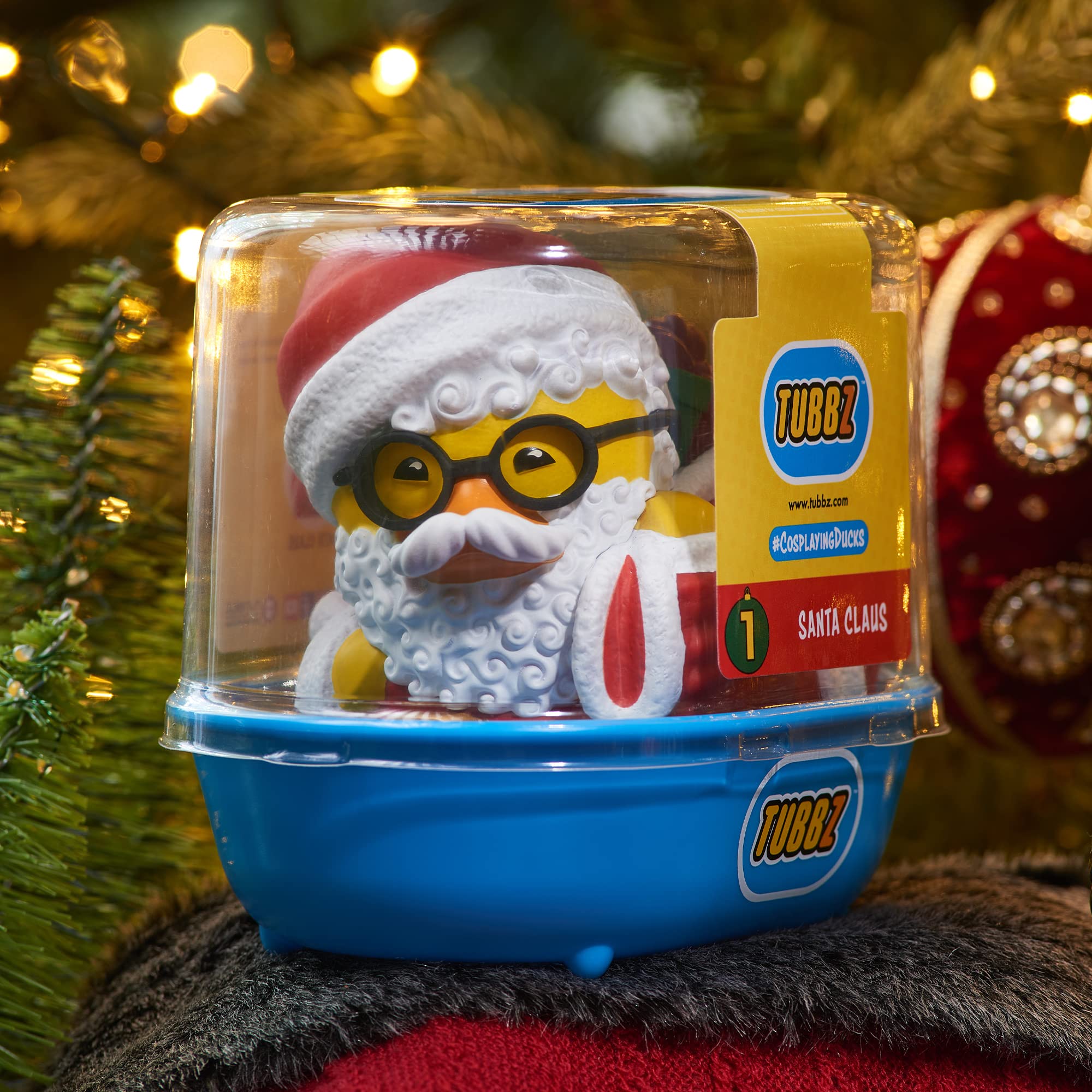 TUBBZ Santa duck in bathtub display box highlights authentic packaging.