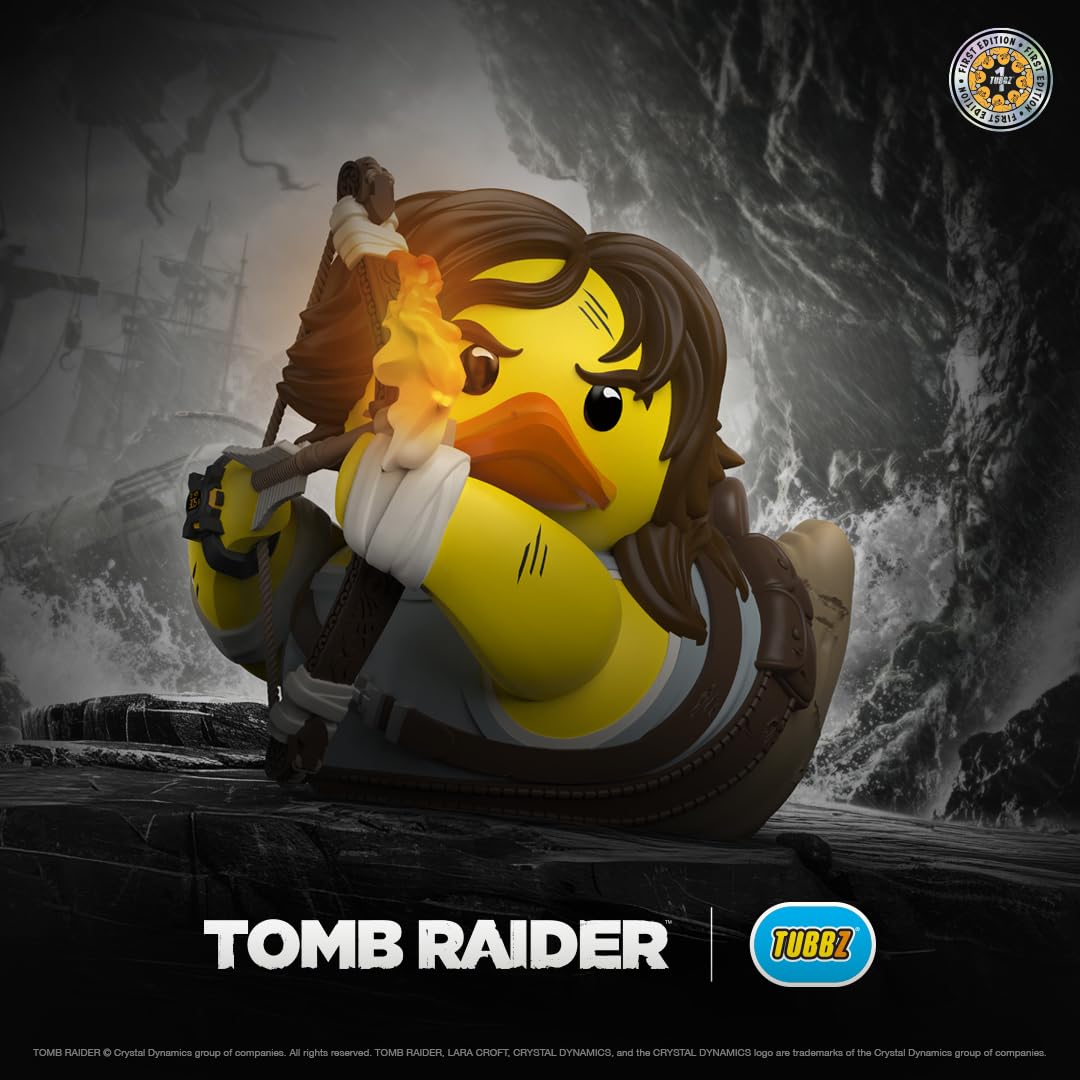 TUBBZ Lara Croft duck for car dash adds a playful collectible touch.