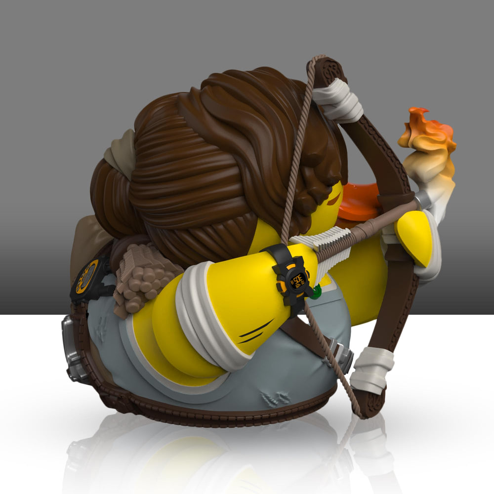TUBBZ Tomb Raider duck on collectible stand highlights display-ready design.