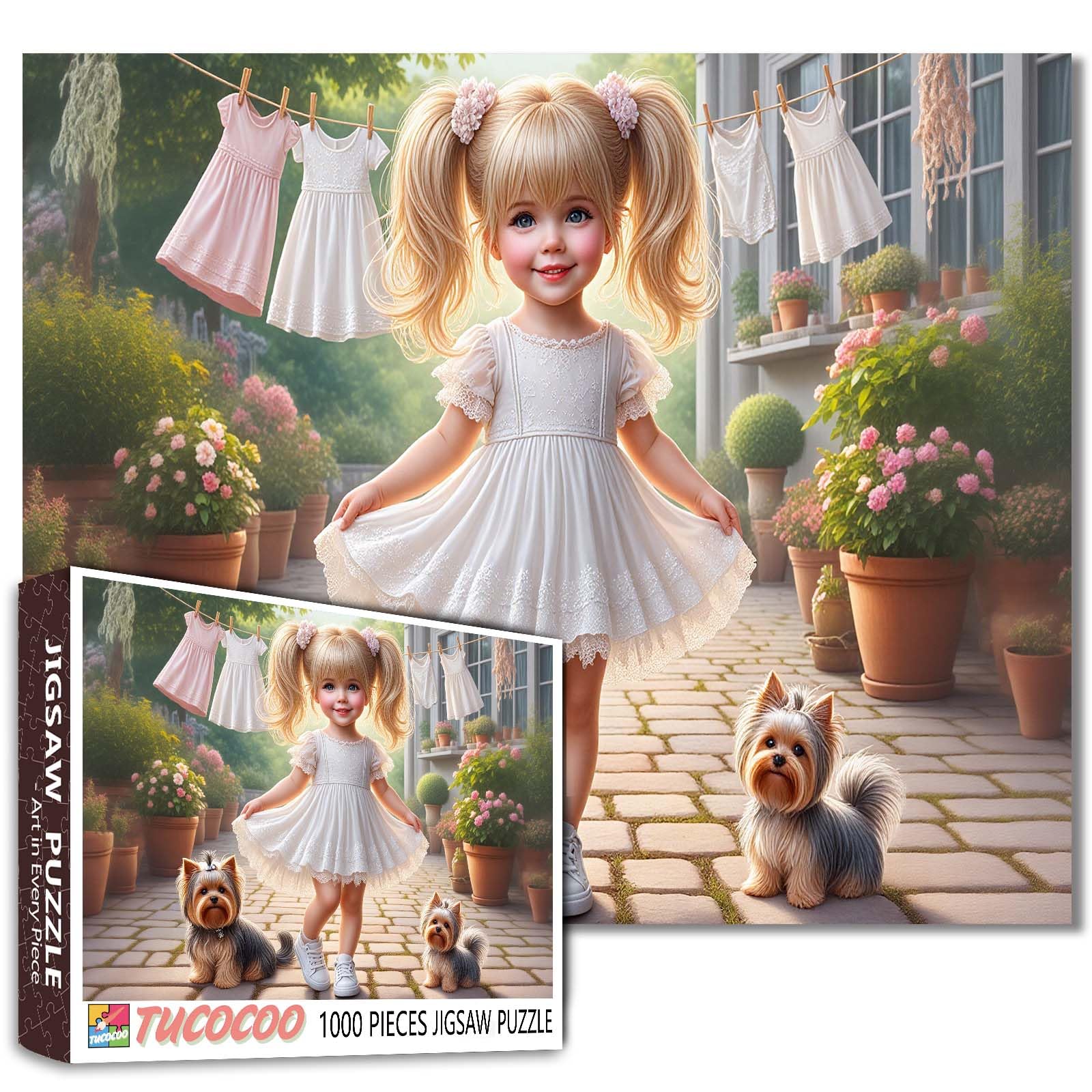 Tucocoo 1000-piece puzzle of a cute girl with Yorkies in a flower garden for family bonding.