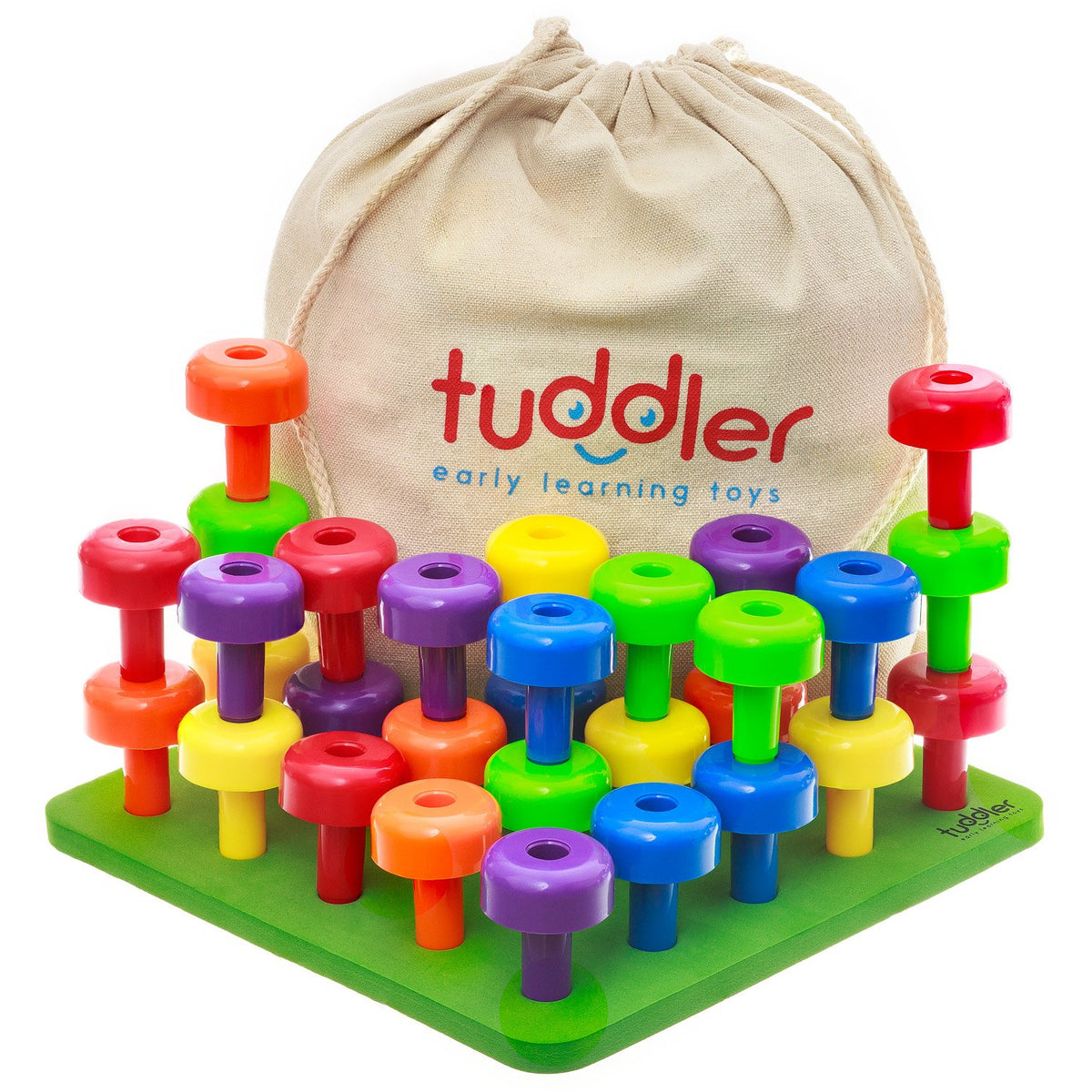 Tuddler Toddler Peg Board with 30 colorful pegs for fine motor play.