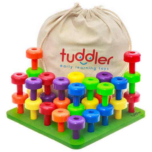 Tuddler Toddler Peg Board with 30 colorful pegs for fine motor play.