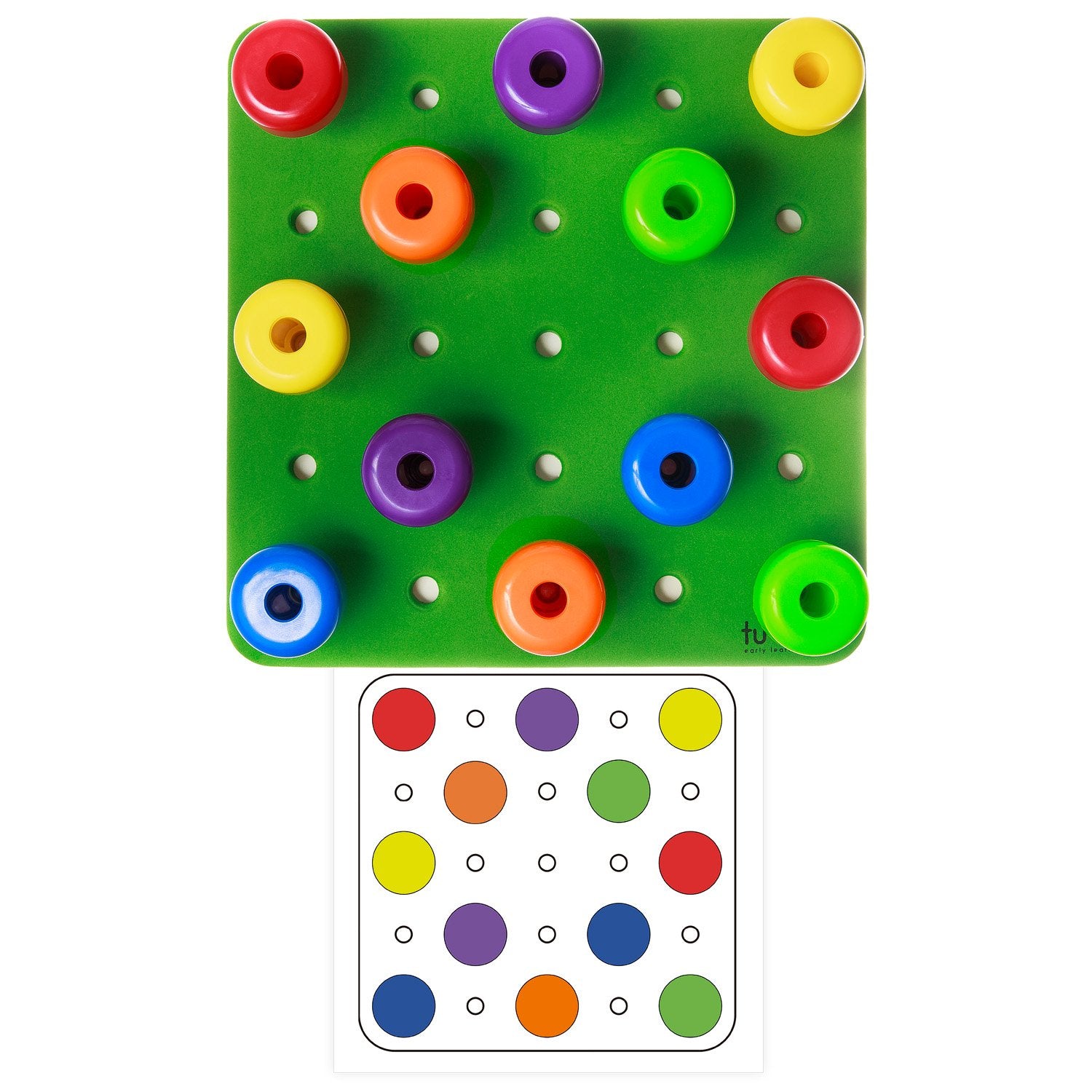 Vibrant pegs in multiple colors boost color recognition and sorting skills.