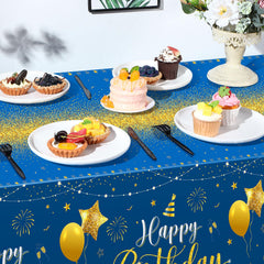Tudomro blue-gold birthday design tablecloth with cakes and balloons protects surfaces.