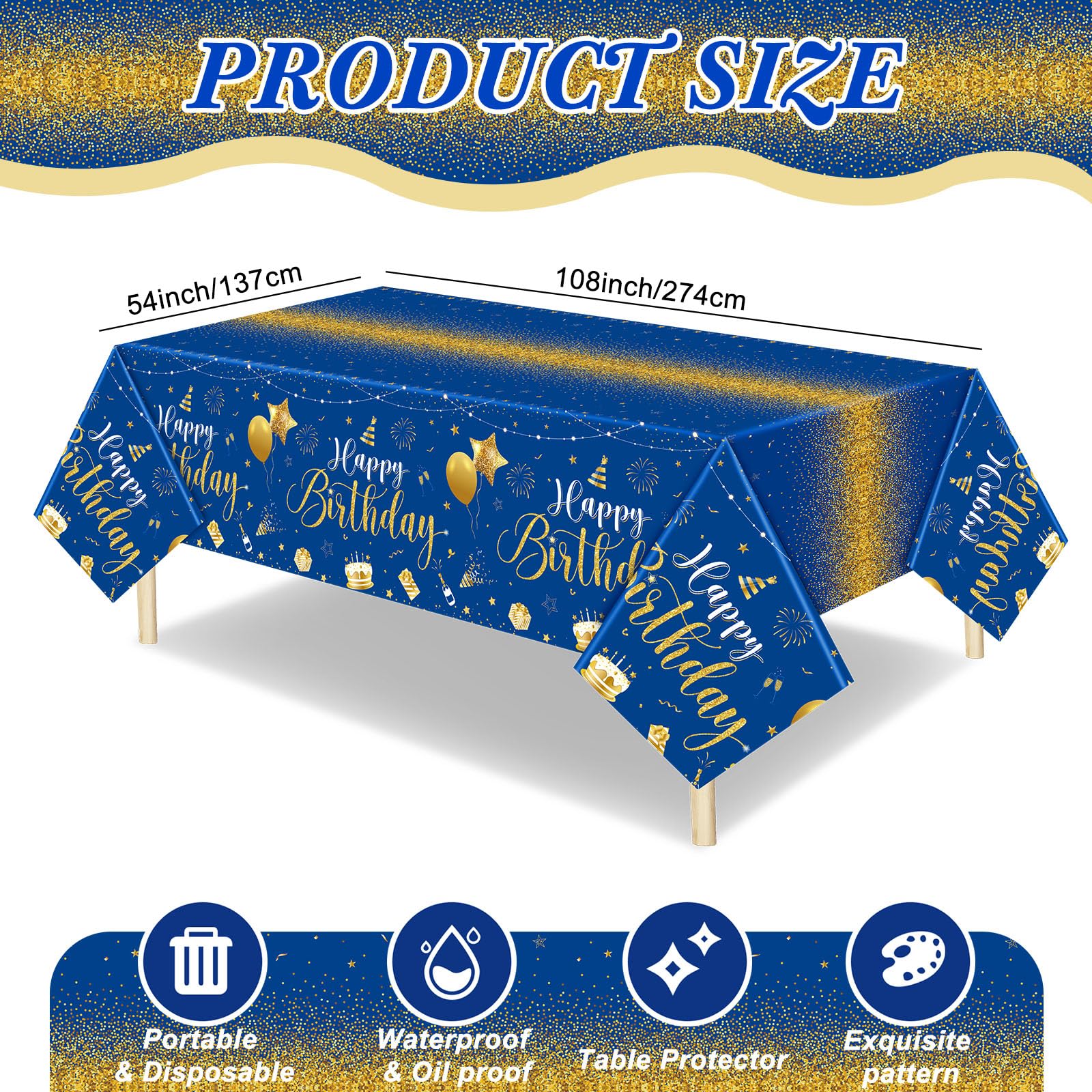 Tudomro disposable blue-gold tablecloth 54x108 inches, sturdy and waterproof.