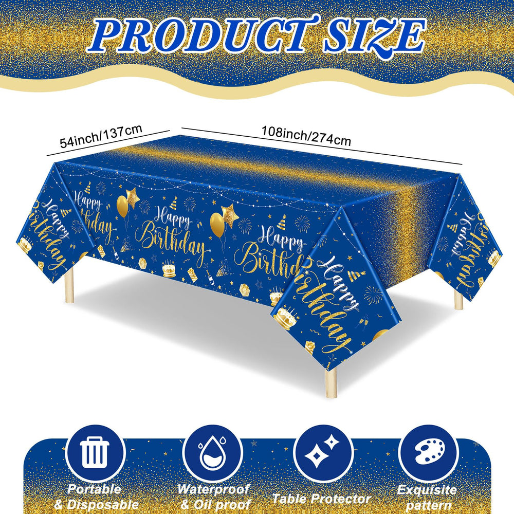 Tudomro disposable blue-gold tablecloth 54x108 inches, sturdy and waterproof.