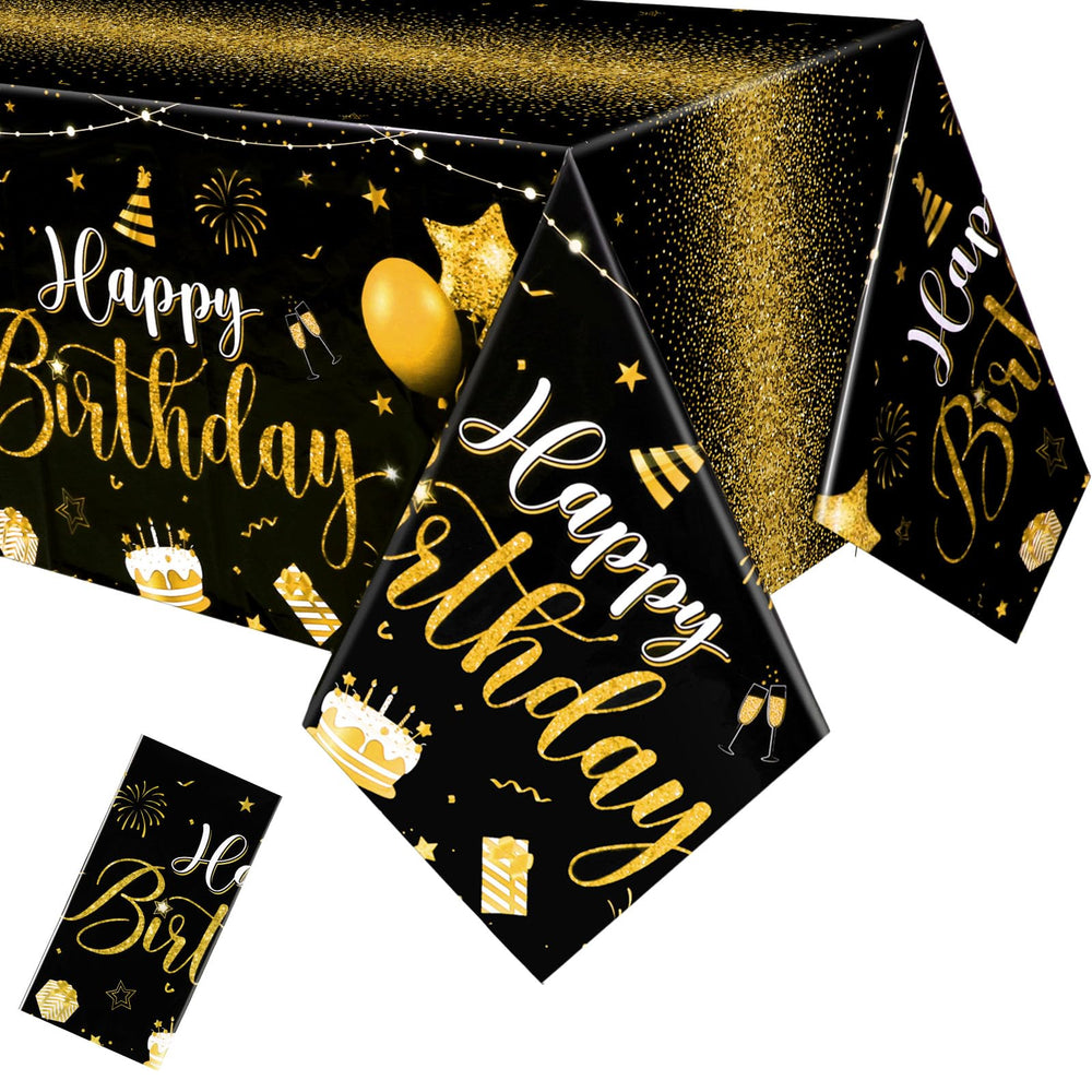 Tudomro 3-piece black and gold birthday tablecloth set protects surfaces and enhances festivity.