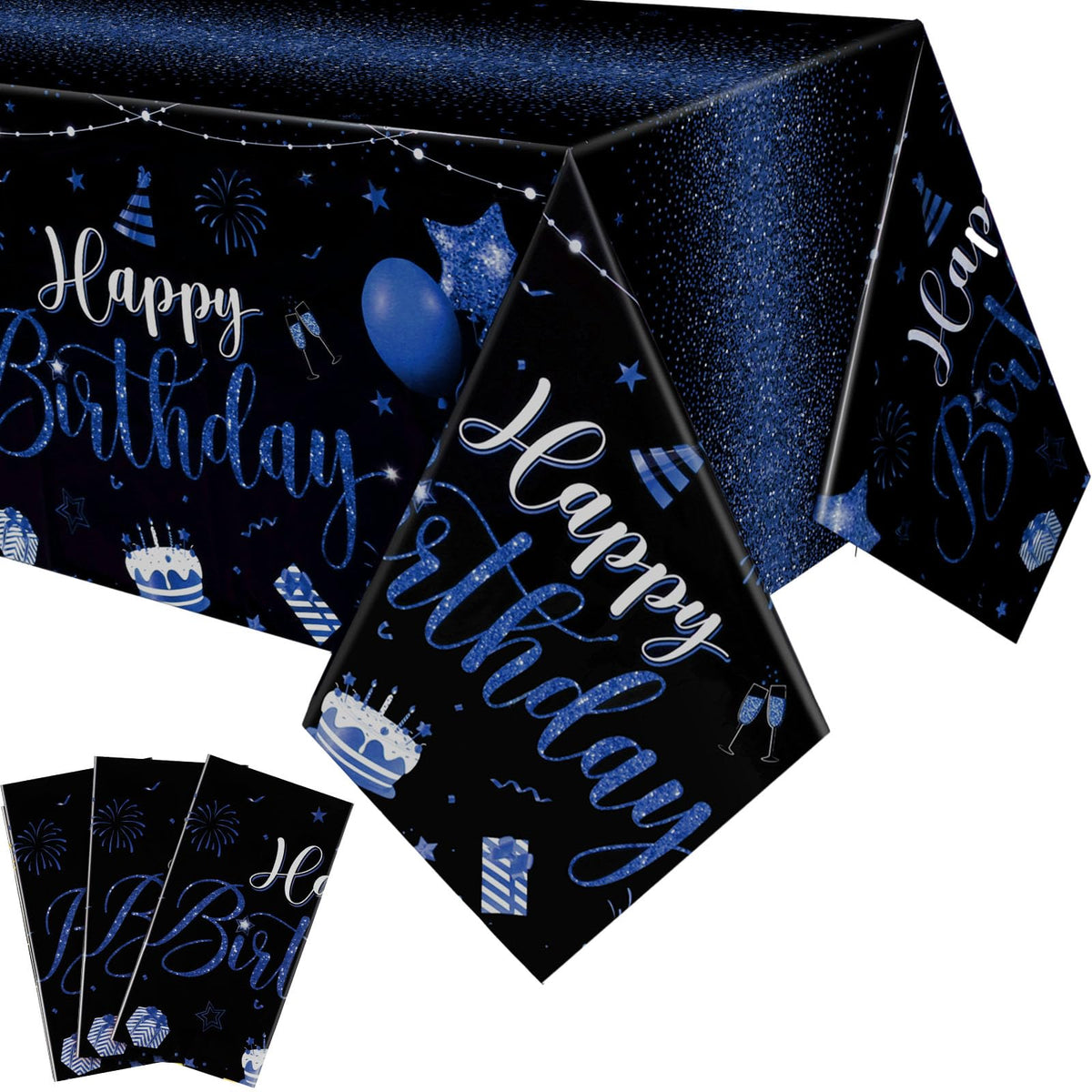 Tudomro Happy Birthday tablecloth Black-Blue design closeup with gold foil accents for stylish party decor.
