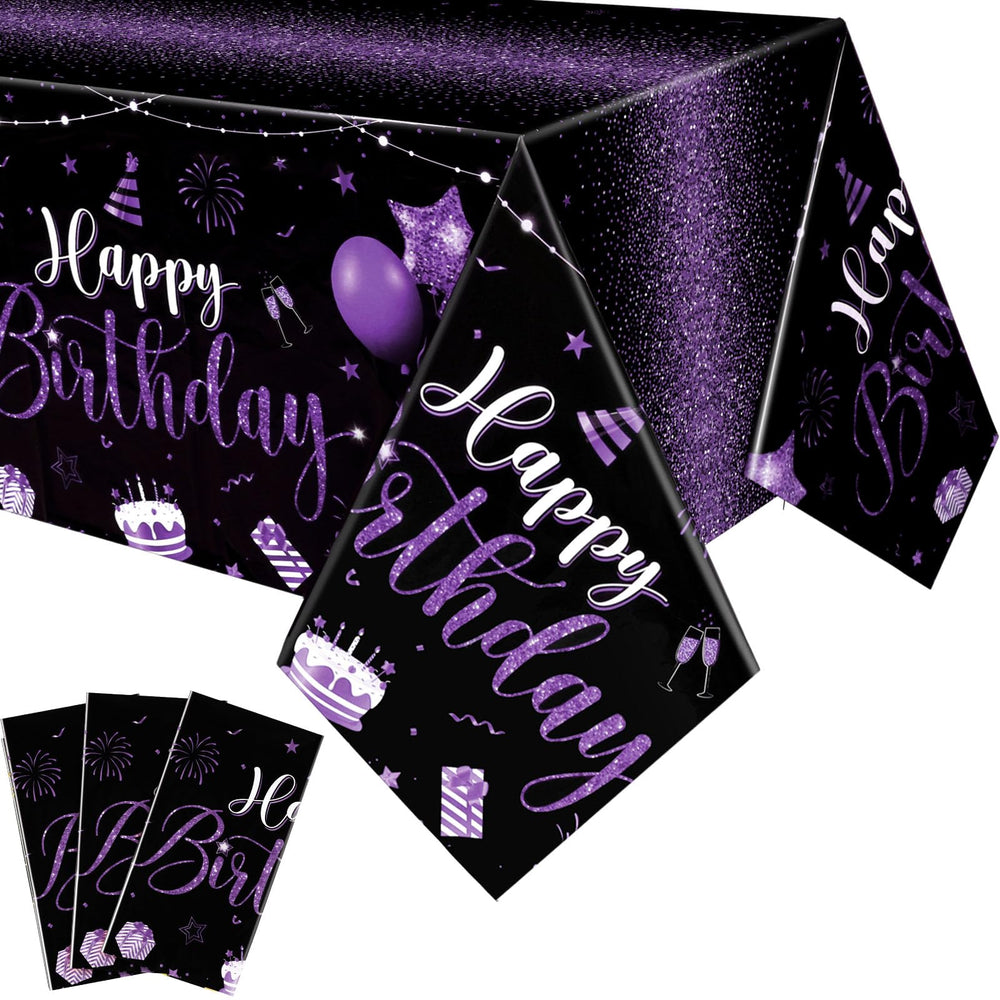Tudomro happy birthday tablecloth in black and purple with foil detail for festive decor