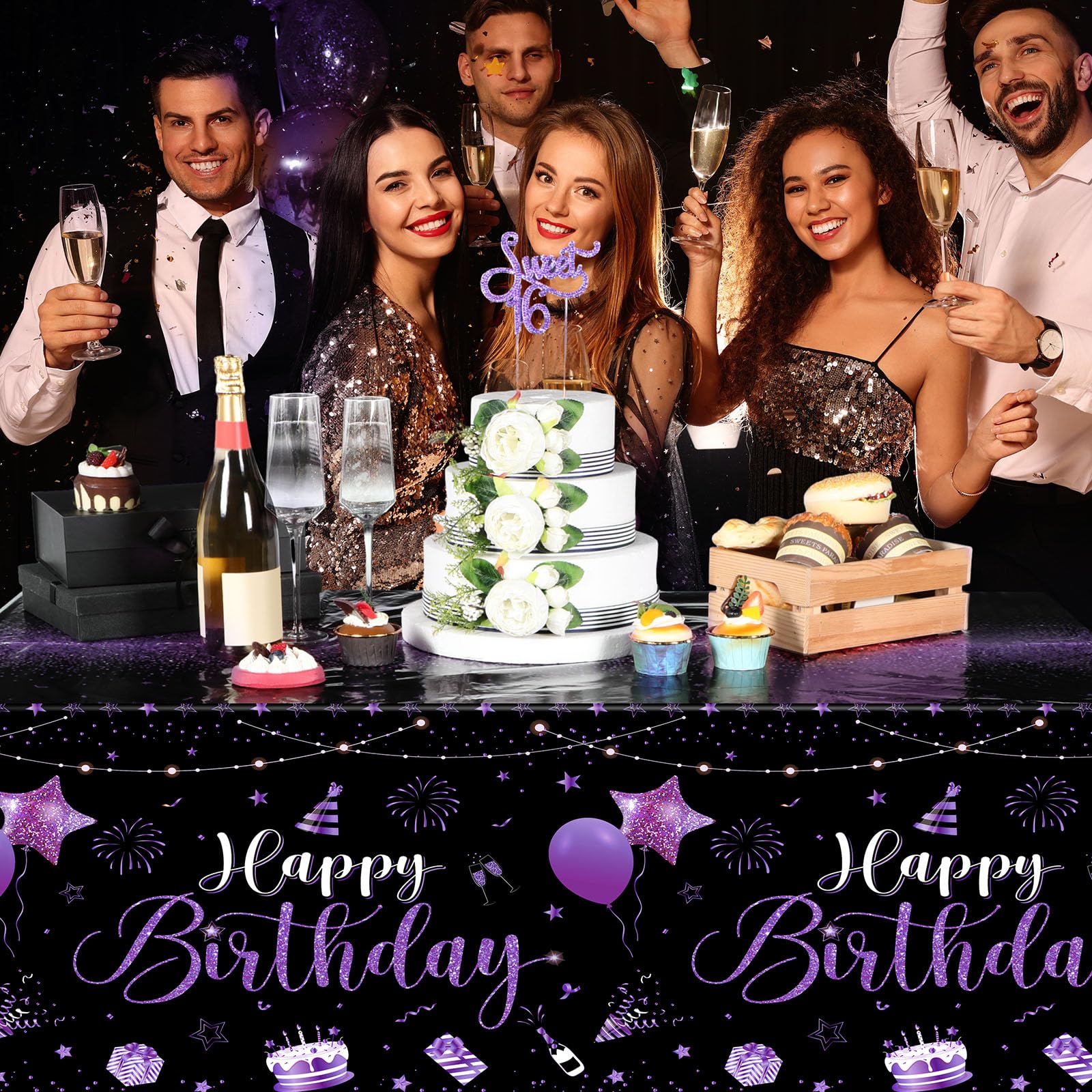 Tudomro birthday tablecloth with black-purple design enhances party ambiance