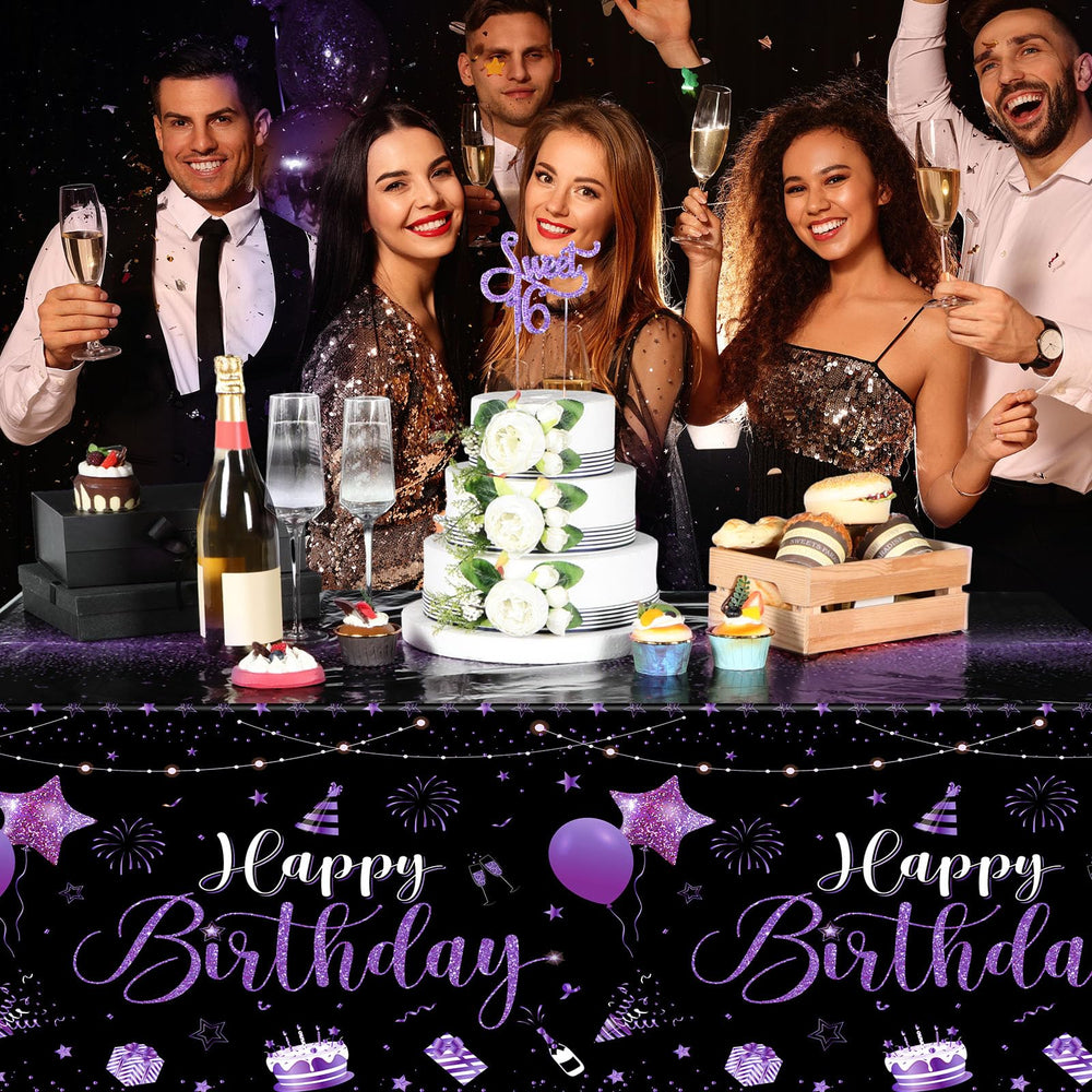 Tudomro birthday tablecloth with black-purple design enhances party ambiance