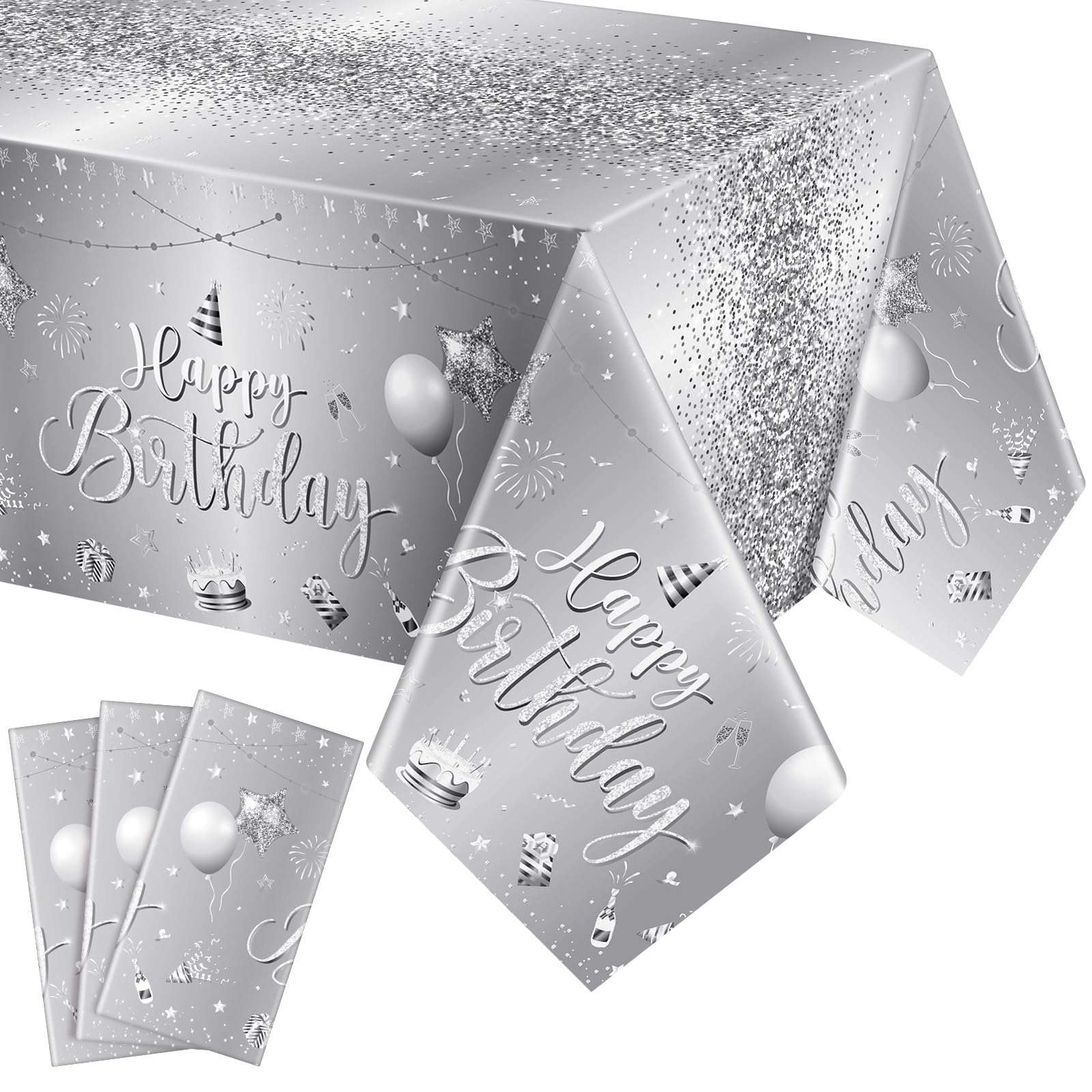Tudomro silver birthday tablecloth with foil center accents for a festive look.