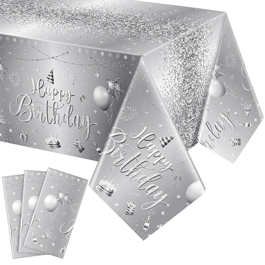 Tudomro silver birthday tablecloth with foil center accents for a festive look.