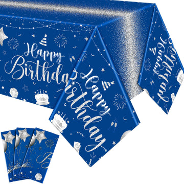 Tudomro blue-silver happy birthday tablecloth with cakes and balloons for a festive setup.