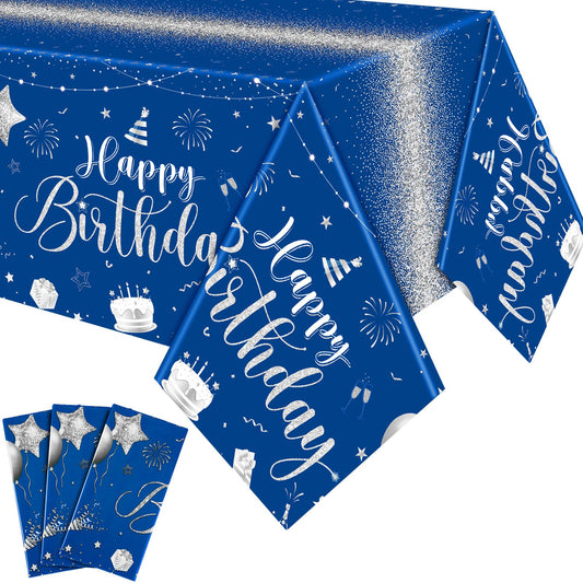 Tudomro blue-silver happy birthday tablecloth with cakes and balloons for a festive setup.