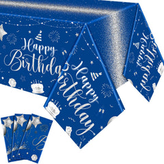 Tudomro blue-silver happy birthday tablecloth with cakes and balloons for a festive setup.