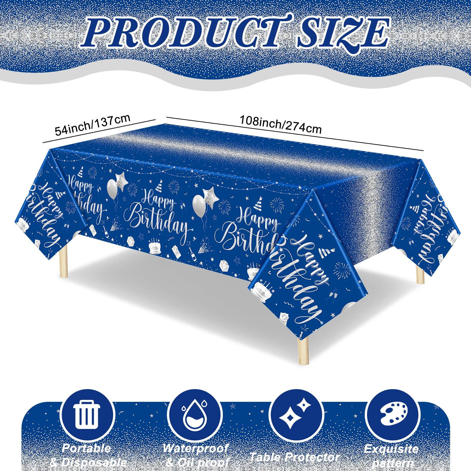 Tudomro blue-silver disposable tablecloth protecting from spills and crumbs.
