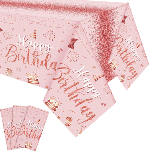 Tudomro Happy Birthday tablecloths front view with pink rose gold motif for celebrations