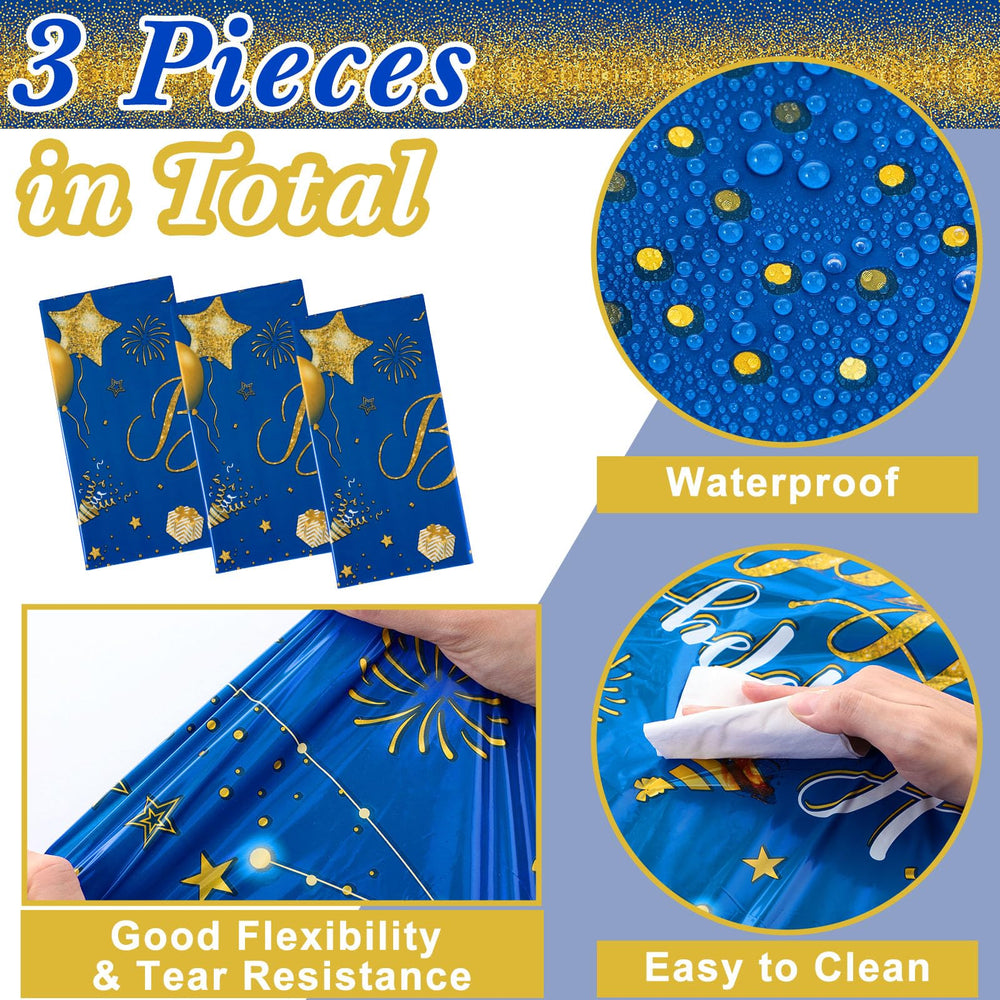 Tudomro waterproof blue-gold tablecloth for spills and crumbs protection.