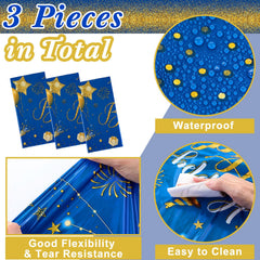 Tudomro waterproof blue-gold tablecloth for spills and crumbs protection.
