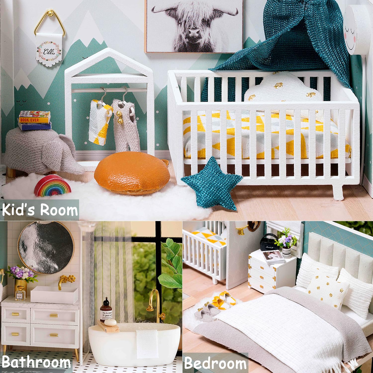 TuKIIE dollhouse LED light brightens tiny rooms for evening viewing.