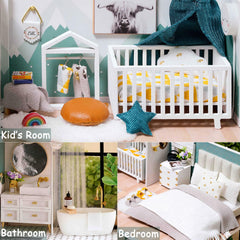 TuKIIE dollhouse LED light brightens tiny rooms for evening viewing.